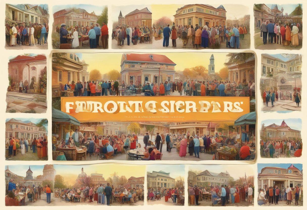 A dynamic collage showcasing various historical support forums transforming into vibrant, uplifting community events. The scene includes diverse groups of people engaging in lively discussions, sharing memories around historical artifacts, and participating in creative activities. Bright colors and whimsical elements create a sense of joy, with a backdrop of iconic historical sites. Illustrate feelings of nostalgia and warmth with an inviting atmosphere. super-realistic. vibrant colors. 3D.