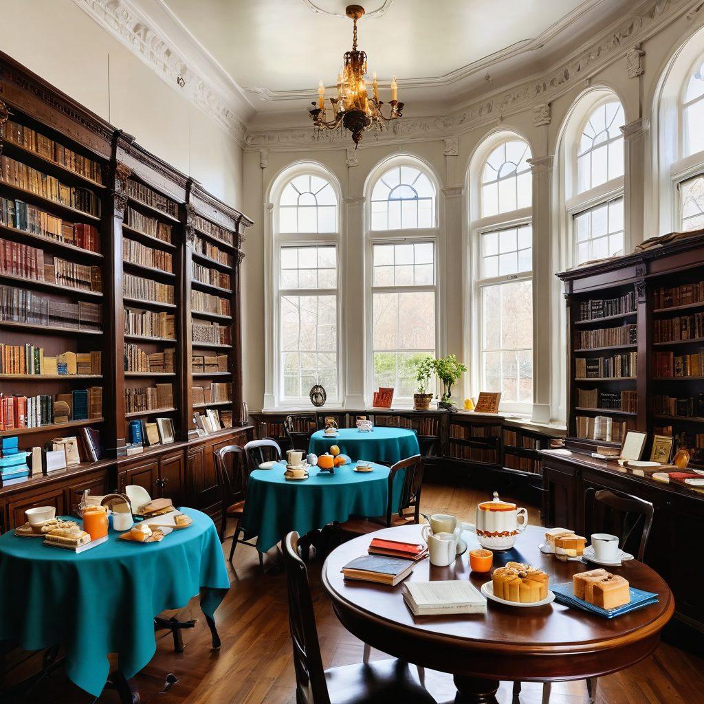 A whimsical scene depicting a vibrant old library filled with cheerful historical artifacts, books with colorful covers, and people enjoying premium tea and pastries at a beautifully set table. The atmosphere is bright and inviting, featuring large windows letting in sunlight, and cheerful decorations showcasing various historical eras. The colors are lively and engaging, radiating warmth and joy. super-realistic. vibrant colors. white background.