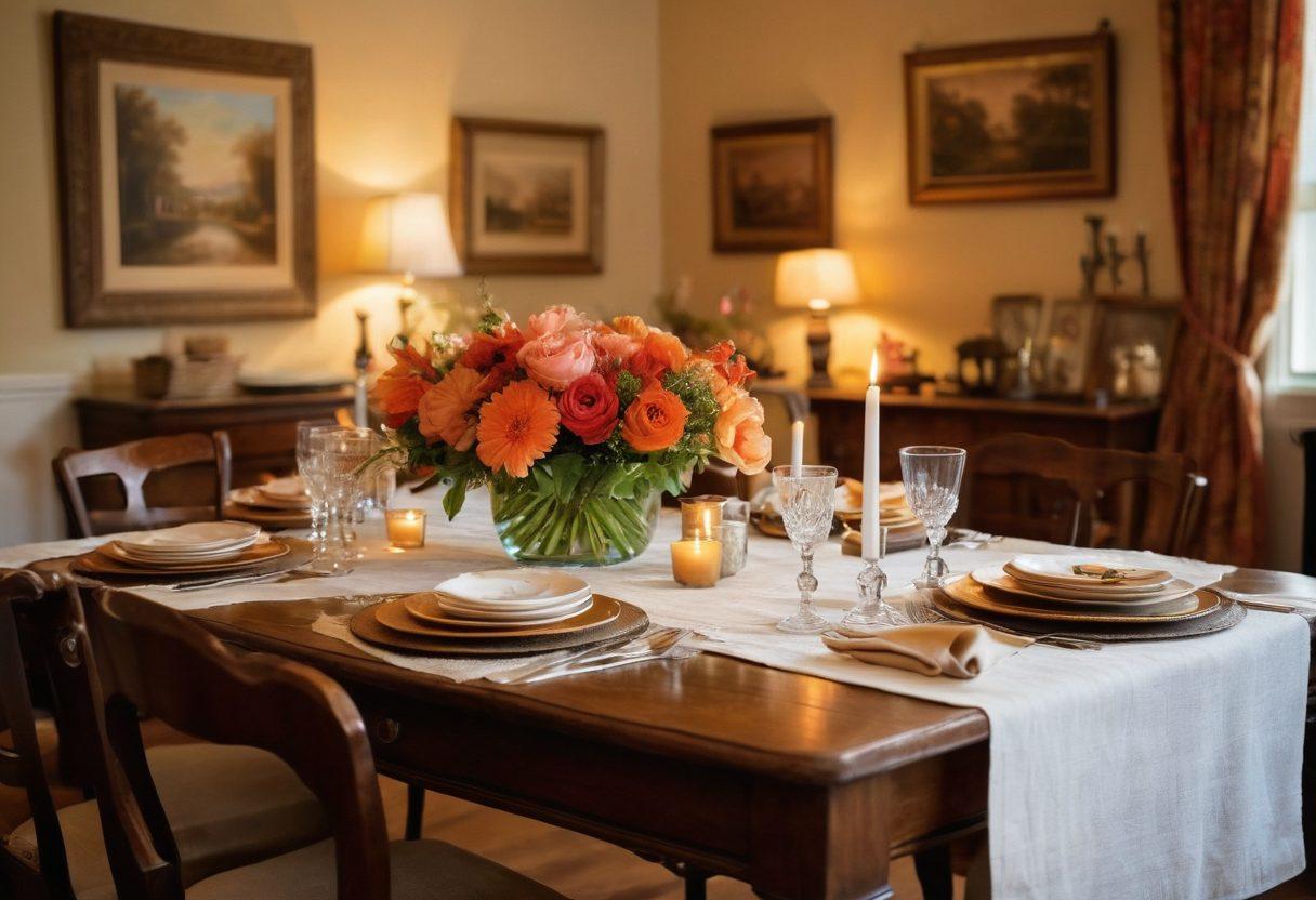A beautifully set dining table in a cozy, vintage room, adorned with historical artifacts like ancient scrolls and photographs, capturing joyful moments of shared meals among family and friends. Warm lighting enhances the inviting atmosphere, with soft textures of table linens and a vibrant arrangement of fresh flowers. A subtle blend of history and happiness, evoking a sense of nostalgia. painting. warm colors. soft focus.